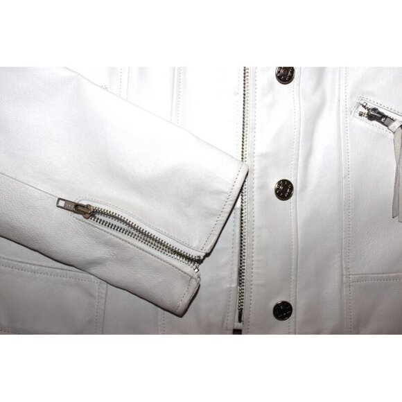 COLLECTION (European Brand) Genuine Leather Slim-Fit Cropped Moto Jacket, White - Picture 3 of 10